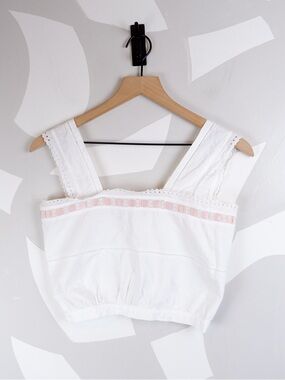 Vintage Monogrammed Cotton Button Up White Eyelet Corset Cover Top